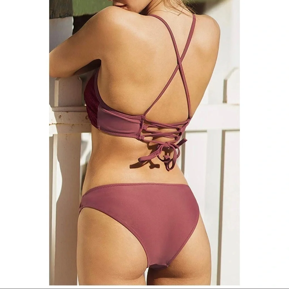 NEW Red Wine Red Lace Crochet Bohemian Boho Bikini Swim Set Size XXL